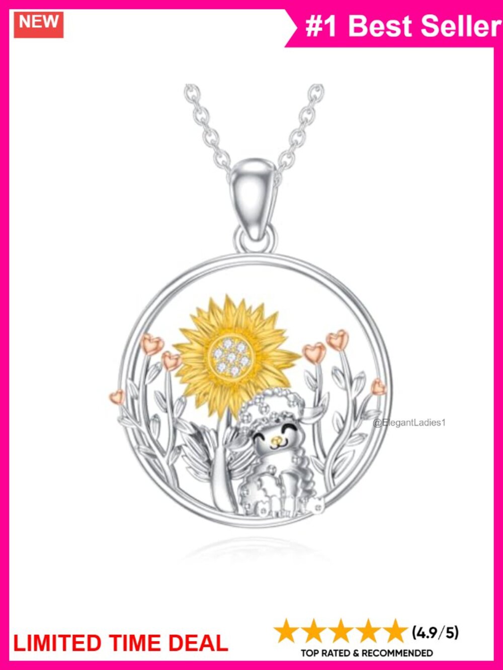 925 Sterling Silver Sheep Sunflower Pendant Necklace Lab-Grown Diamond 18"